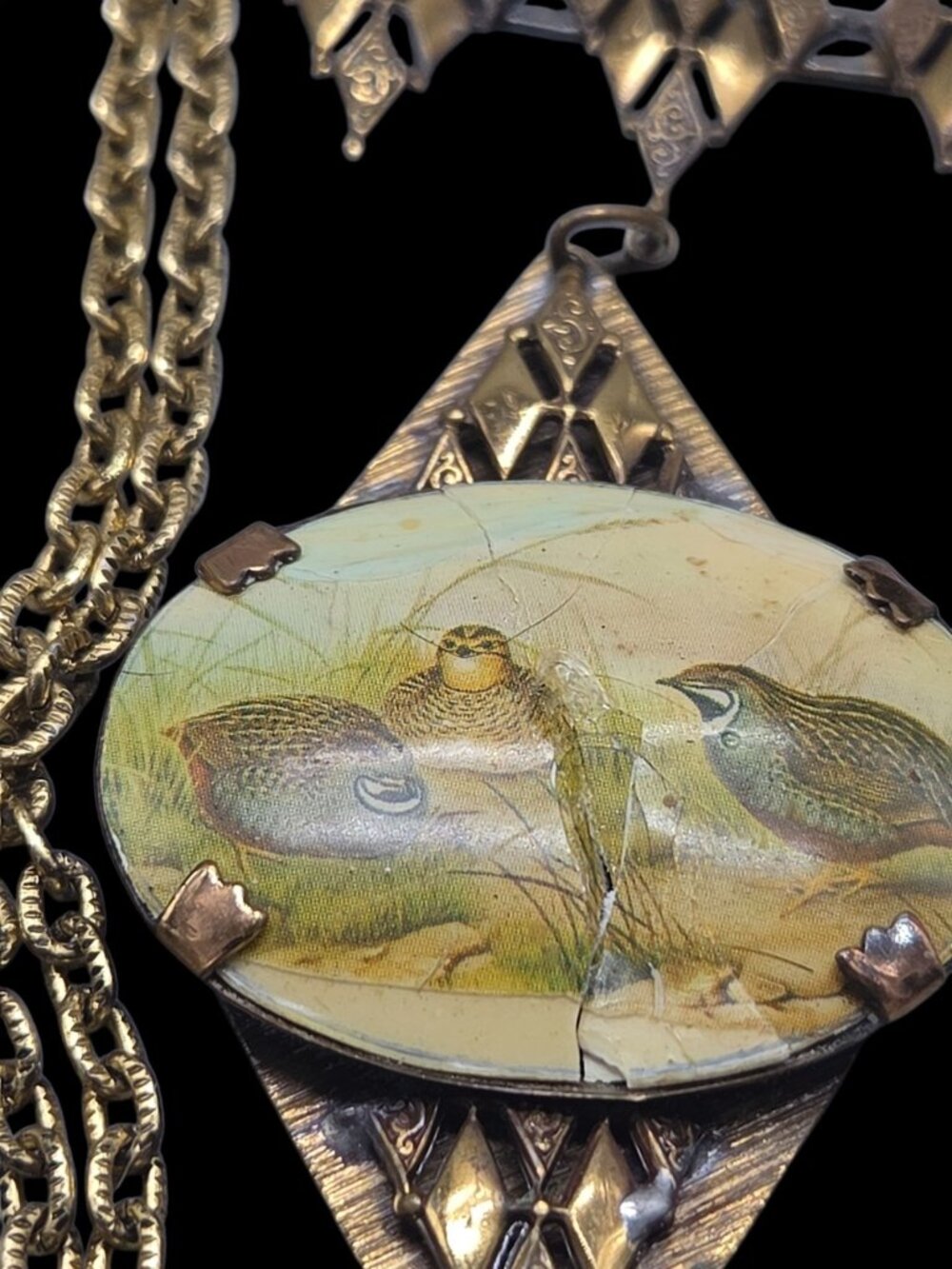 Antique Victorian Celluloid Quail Bird Pendant Necklace Brass Filigree 22" AS IS - Picture 8 of 15